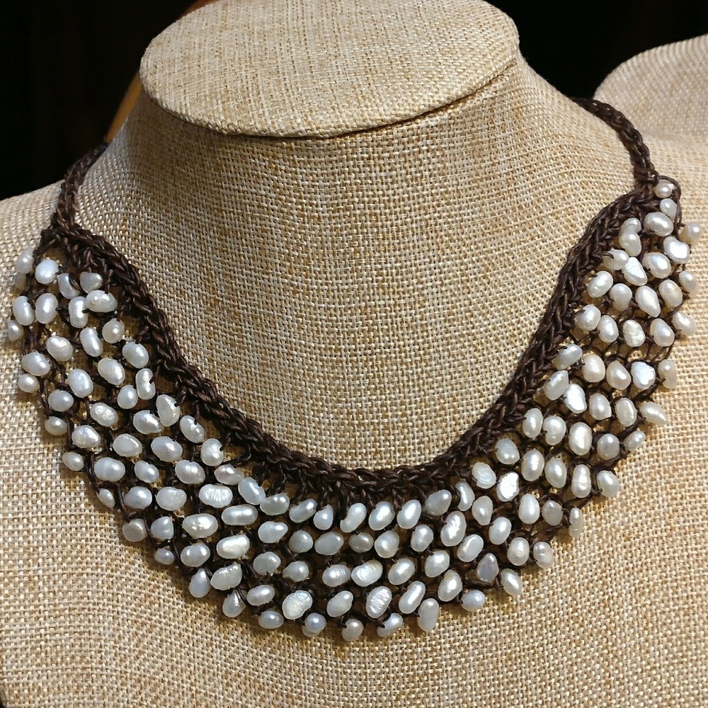 Macrame Leather Freshwater Pearl Bib Necklace
